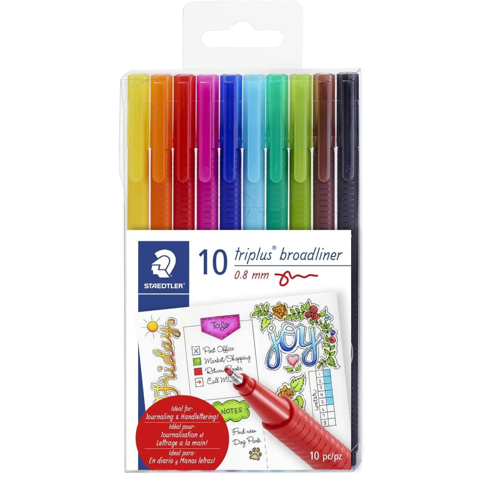 STAEDTLER triangular broad liner, triplus broadliner, 0.8mm metal-clad tip, journaling and hand lettering pen, set of 10 assorted colors, 338 TB10A6