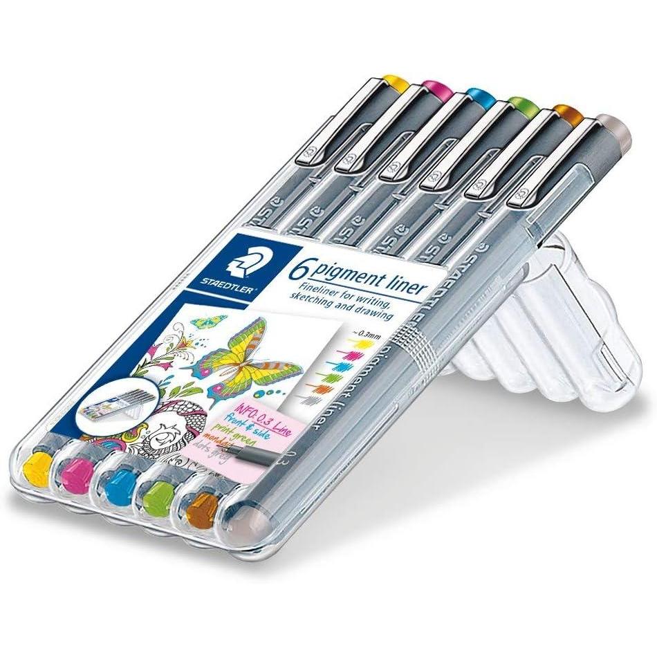 Staedtler Pigment Liner, Fineliner Pen For Drawing, Drafting, Journaling, Set of 6 Assorted Colors, 30805S2SB6(Assorted)