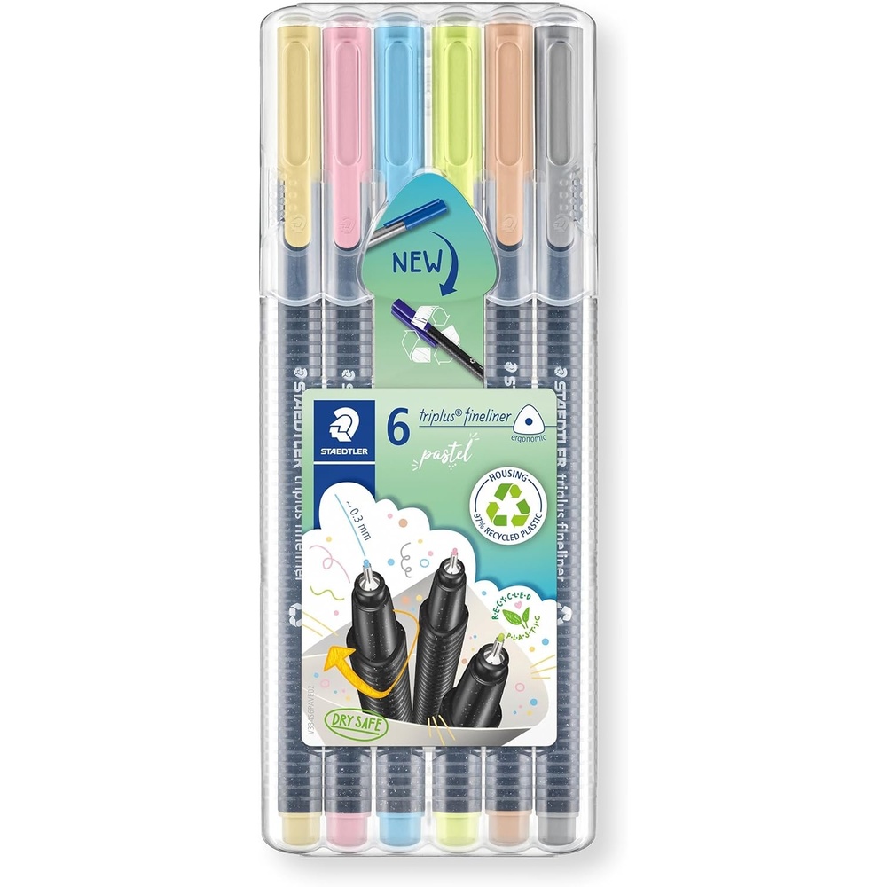 Staedtler triplus fineliner, Triangular Pens 0.3mm, Includes Easel Case for Home & Travel, 6 Pastel Colors, 334 SB6 PA(Pastel Colors)