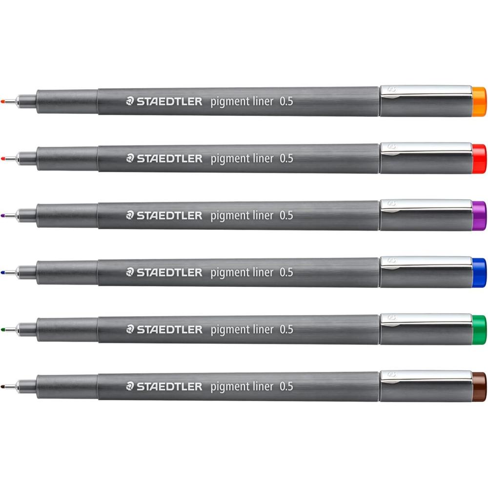 STAEDTLER Pigment Liner: 6 Assorted Colors, 0.5 mm Fineliner Pens for Writing, Drawing, and Sketching