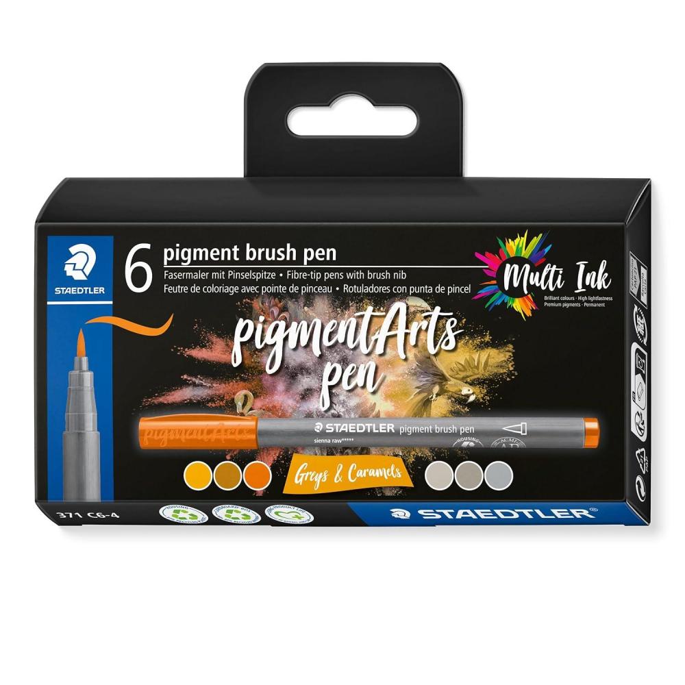 STAEDTLER Pigment Arts Brush Pen, Brush Greys & Caramels, Pack of 6 Pens, 371 C6-4