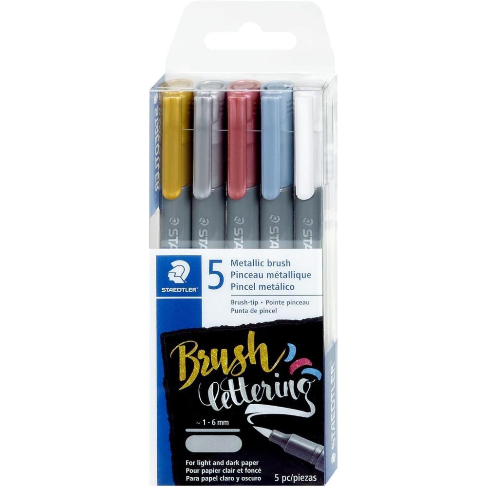 STAEDTLER Metallic Brush Pens, 5ct, 1-6mm Brush Tip, Assorted Colors, Opaque Ink that Writes on Light and Dark Paper; For Calligraphy, Hand Lettering, Scrapbooking, Cardmaking, and Crafts