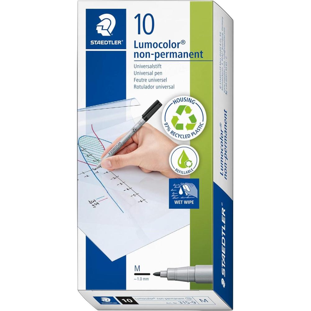 STAEDTLER Lumograph Non-Permanent Wet Erase Marker Pen, Fine Tip, Low Odor Colored Markers, Blue, 311-3(Black)