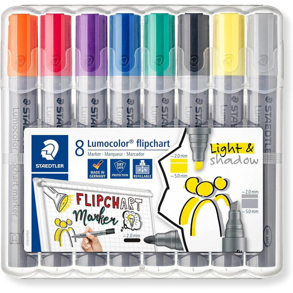 STAEDTLER Lumocolor Flipchart Marker: Set of 8, Assorted Colors, Bullet Tip 2.0mm & Chisel Tip 5.0mm – Ideal for Paper, Non-Bleed, Quick Dry & Low-Odor – For Home, School & Office(1 Count (Pack of 8))