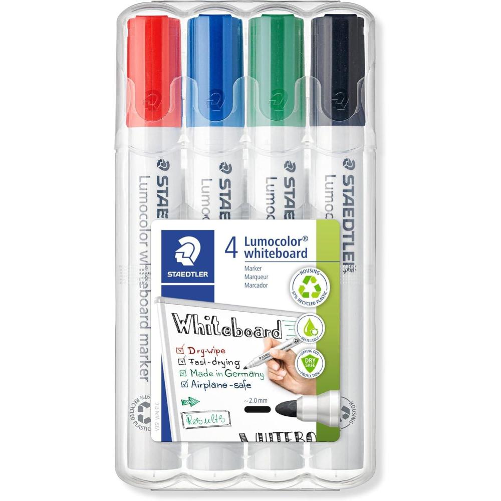 STAEDTLER Lumocolor Whiteboard Marker, Wide Bullet Tip, Box of 4 Assorted Colors (Red, Blue, Green, Black), 351 WP4