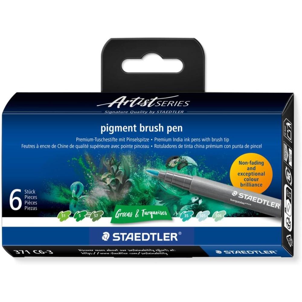 STAEDTLER Pigment Arts Brush Pen, Brush Green & Turquise, Pack of 6 Pens, 371 C6-3(Green and Turquoise)