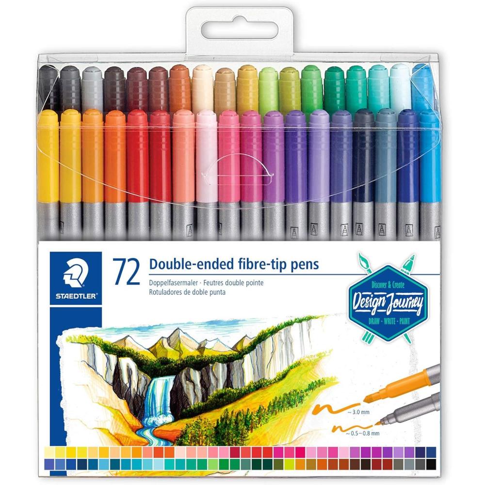 STAEDTLER 3200 TB72 Design Journey Double-Ended Fibre-Tip Pens with Two Nibs – Narrow and Wide, Pack of 72(72 Count (Pack of 1))