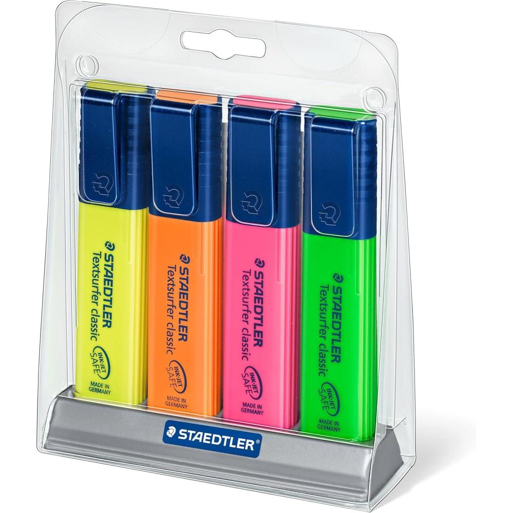 STAEDTLER Textsurfer Classic Highlighters – 4 Colors Rainbow Set with Stand, Ultra-Soft Chisel Tip, Fast-Drying Ink, Large Reservoir for Extended Use