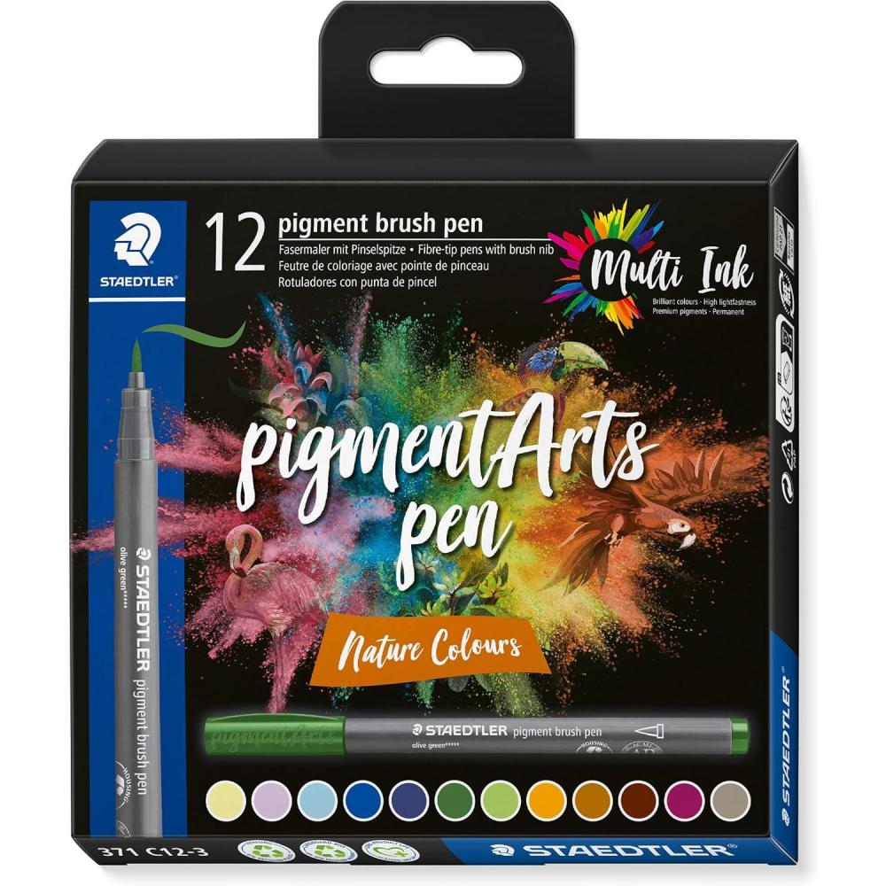 STAEDTLER Pigment Arts Brush Pen, Brush Green & Turquise, Pack of 6 Pens, 371 C6-3(Nature Colors)