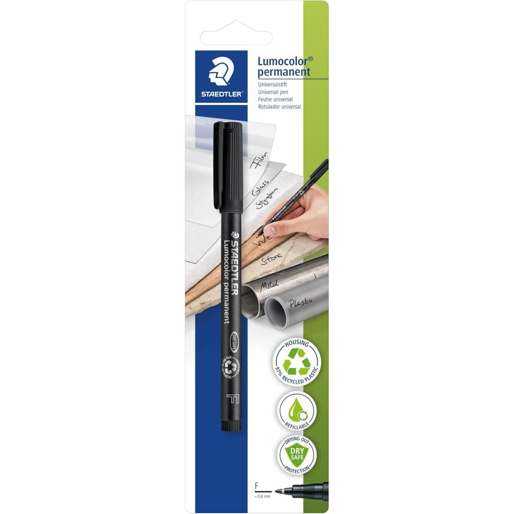 Staedtler 318-WP4 Lumocolor Permanent Universal Pens, Fine Point, 0.6mm, Assorted, 4 per Set(Black)