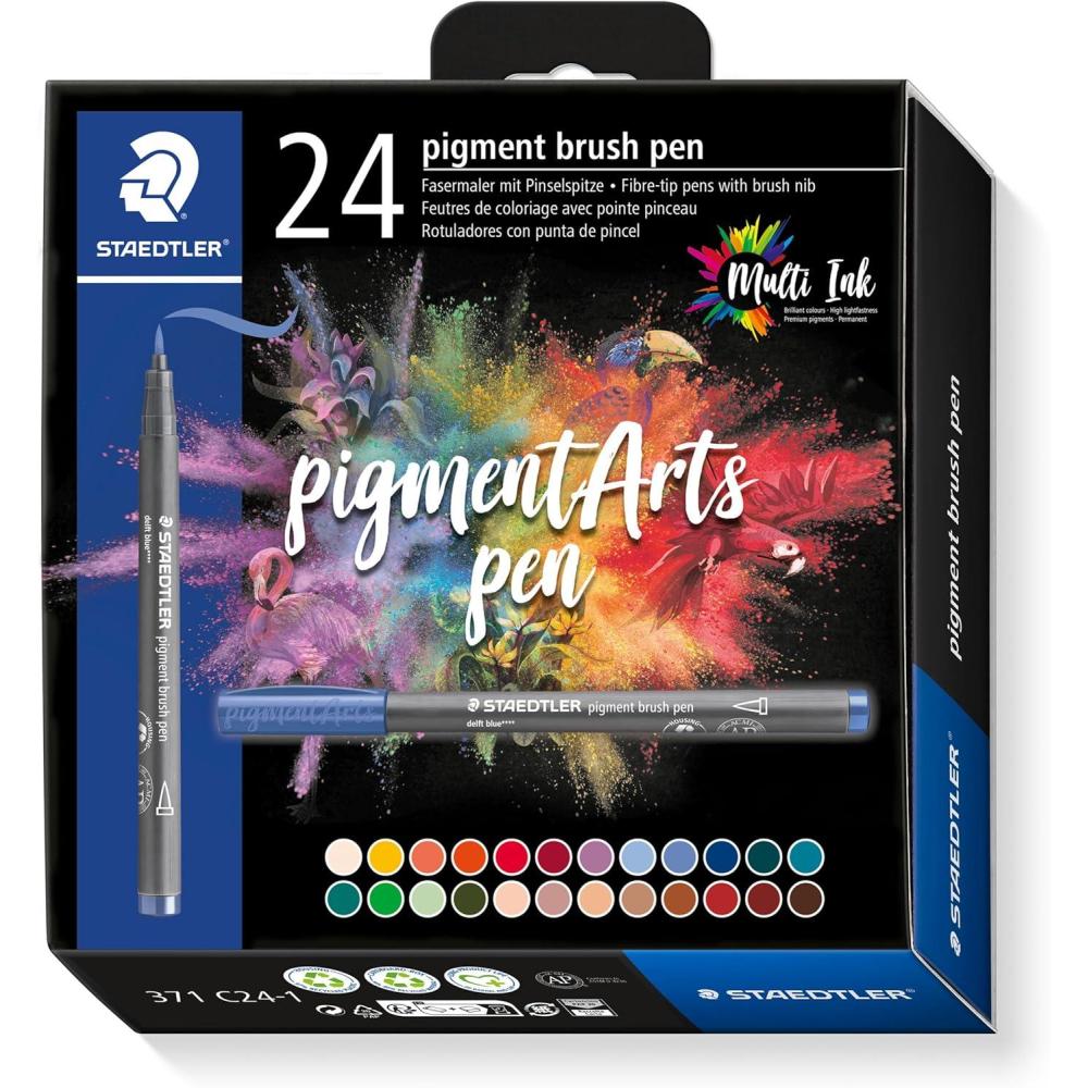 STAEDTLER Pigment Arts Multi Ink Brush Pen: 60 Colors, Fiber-Tip Pens With Brush Nib, Permanent, Waterproof, No Bleed Pens for Journaling, Coloring, Hand Lettering, Mixed Media(24 Colors (Secondary))