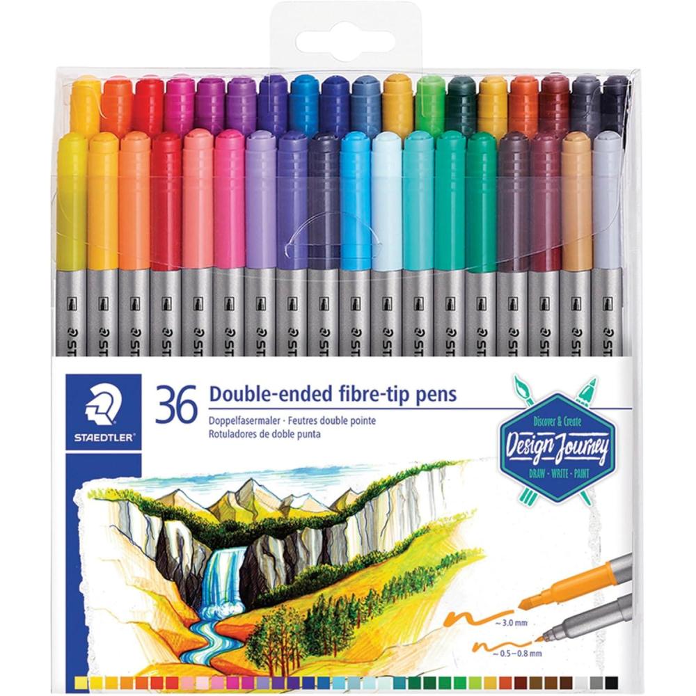STAEDTLER double ended fiber-tip markers, for sketching, drawing, illustrations, and coloring, 36 vibrant colors, washable, 320 C36 LU(assorted)