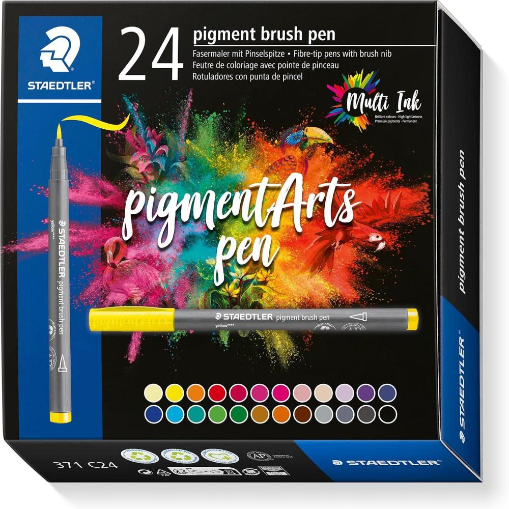 STAEDTLER Pigment Arts Multi Ink Brush Pen: 60 Colors, Fiber-Tip Pens With Brush Nib, Permanent, Waterproof, No Bleed Pens for Journaling, Coloring, Hand Lettering, Mixed Media(24 Colors (Basic))