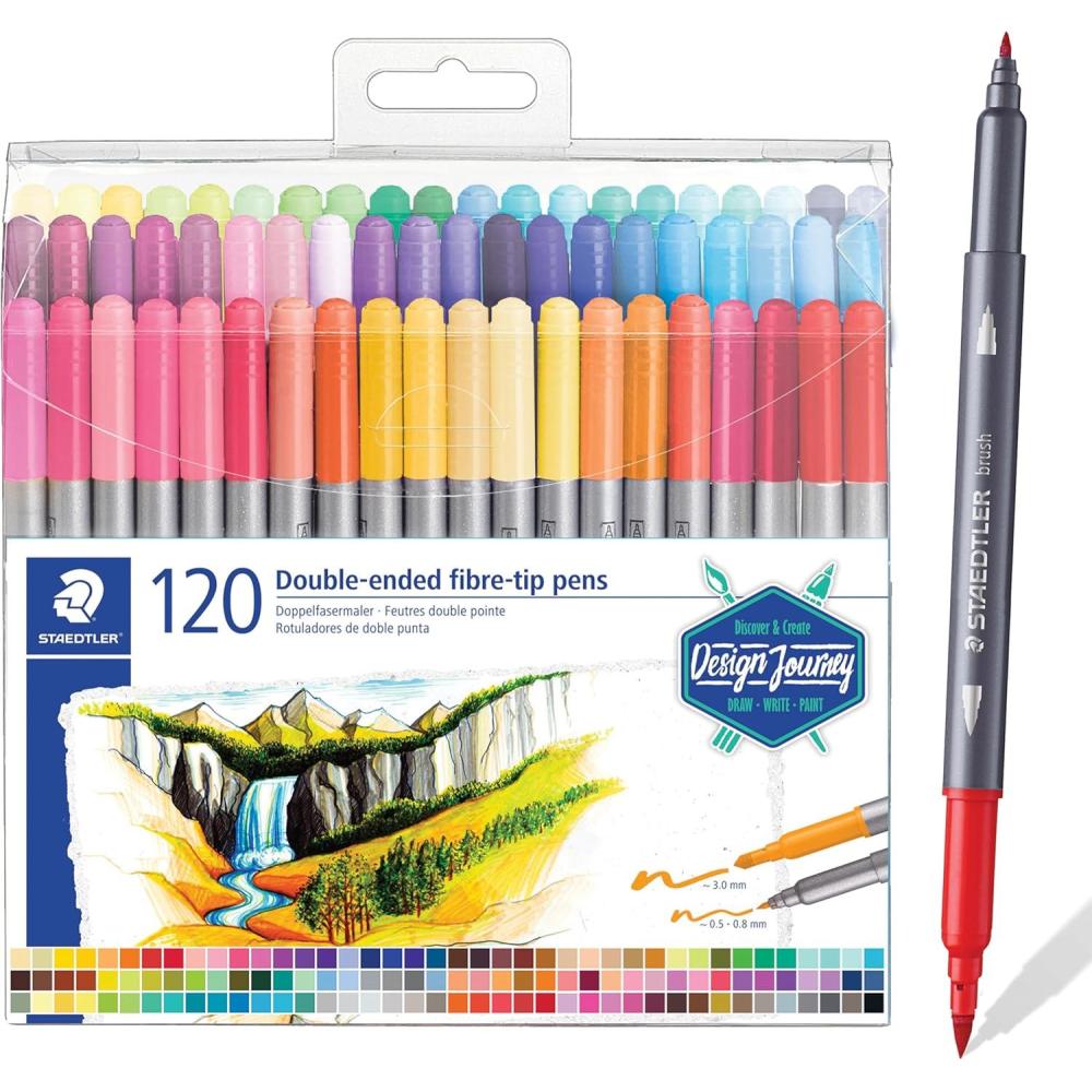 Staedtler Double-Ended Fiber-Tip Pens, Non-Permanent Ink, Fine & Bold Writing and Coloring Tips, 120 Assorted Colors, 3200 TB120, Multicoloured (3200 TB120ST)(120 Count (Pack of 1))