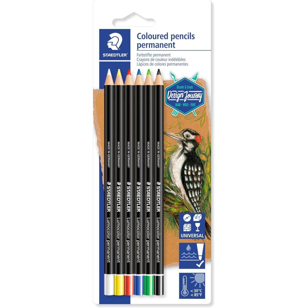STAEDTLER Permanent Colored Pencils, Pre-Sharpened, Perfect for Light and Dark Paper, Set of 6, 10820BK6-C, Multicoloured (10820BK6-CST)(Mixed)