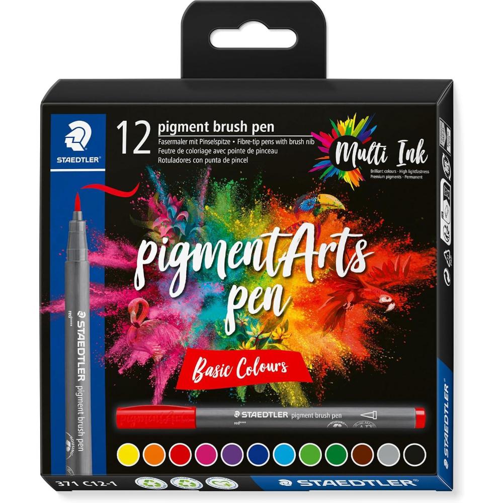 STAEDTLER Pigment Arts Multi Ink Brush Pen: 60 Colors, Fiber-Tip Pens With Brush Nib, Permanent, Waterproof, No Bleed Pens for Journaling, Coloring, Hand Lettering, Mixed Media(12 Colors)