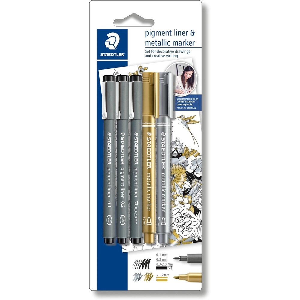 Staedtler creative set (3 Fine liner pigment liner black, 2 metallic marker, Johanna Basford) 308 SBK3P3