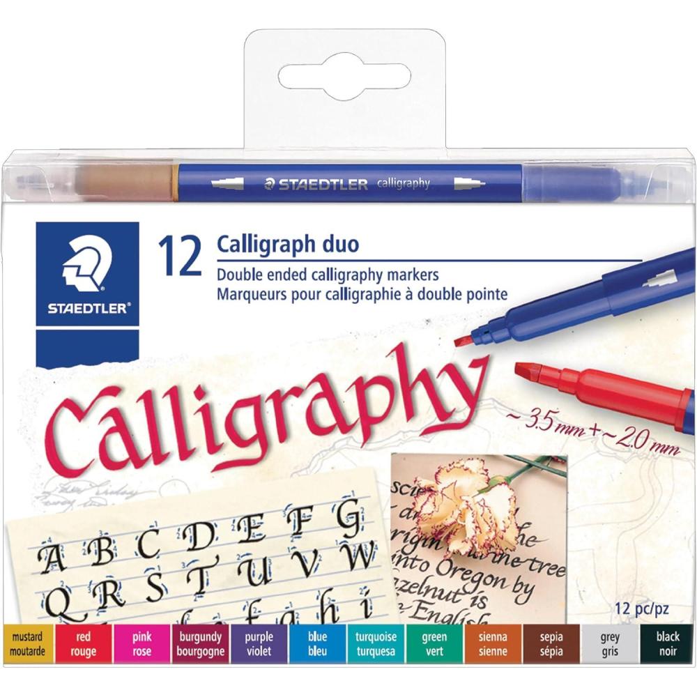 STAEDTLER double ended calligraphy markers, calligraph duo, for narrow and broad lettering designs, pigmented ink, 12 assorted colors, 3002TB12LU