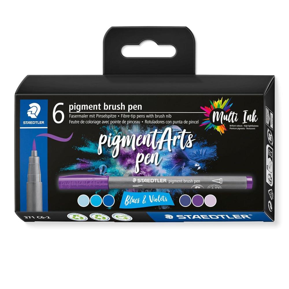 STAEDTLER Pigment Arts Brush Pen, Brush Blues & Violets, Pack of 6 Pens, 371 C6-2, Grey