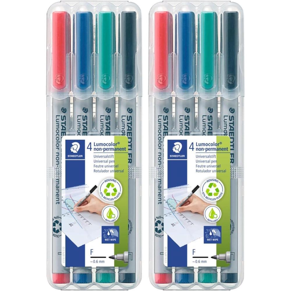 Staedtler Lumograph Non-Permanent Wet Erase Marker Pens, Fine Tip Refillable Colored Markers, 4 Pack, 315 WP4(4 Count (Pack of 2))