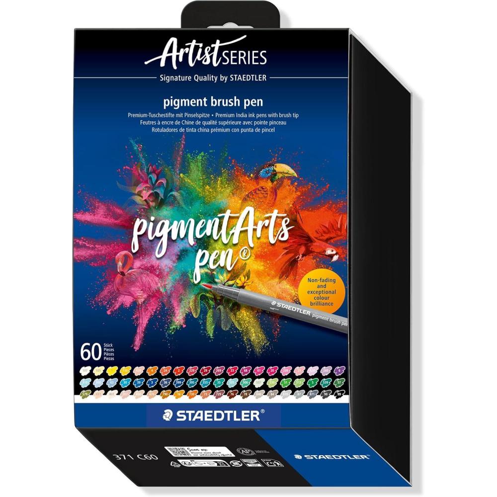 STAEDTLER Pigment Arts Multi Ink Brush Pen: 60 Colors, Fiber-Tip Pens With Brush Nib, Permanent, Waterproof, No Bleed Pens for Journaling, Coloring, Hand Lettering, Mixed Media(60 Colors)