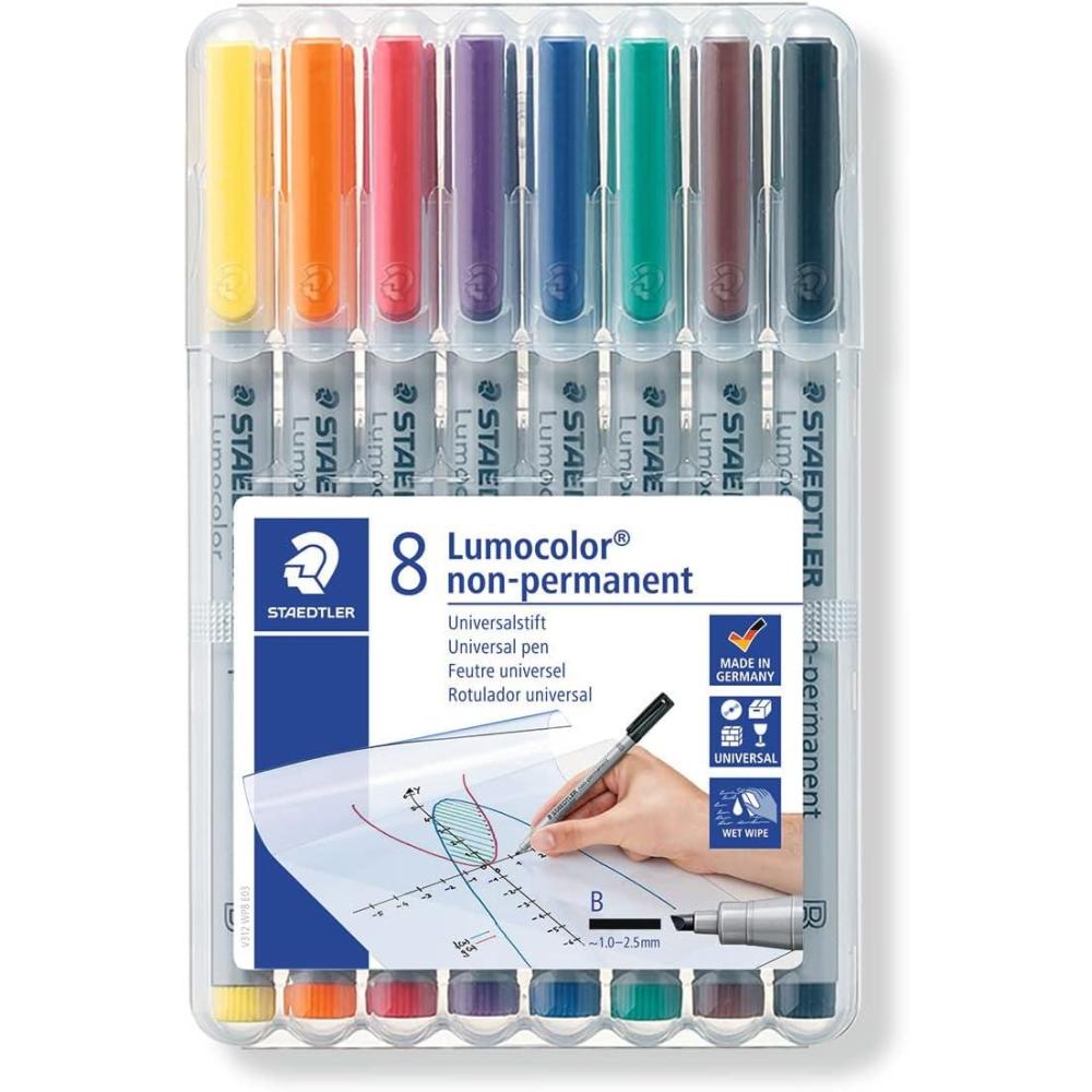 STAEDTLER Lumograph Non-Permanent Wet Erase Marker Pen, Fine Tip, Low Odor Colored Markers, Blue, 311-3(Assorted Colours)