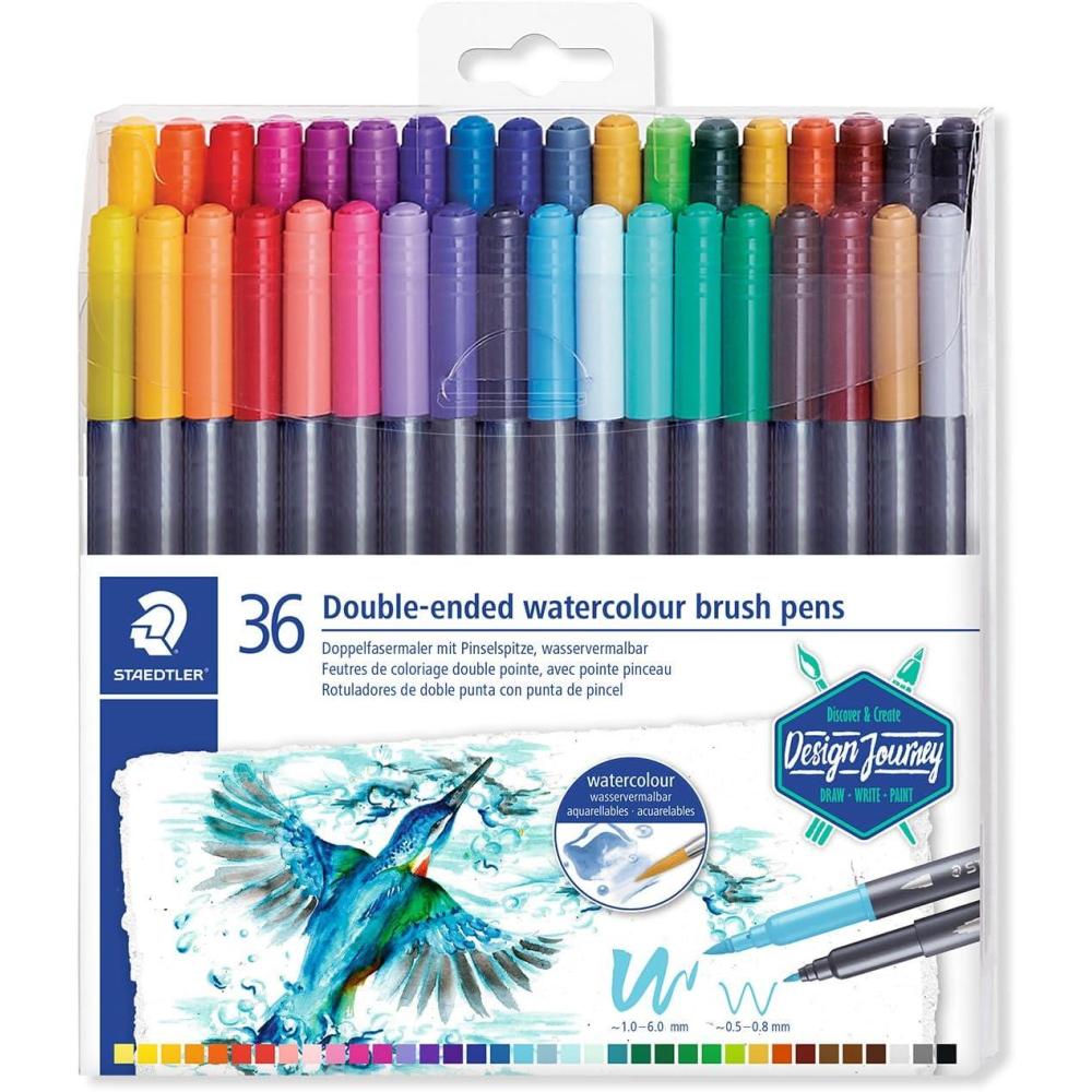 Staedtler Double-Ended Watercolour Brush Pens, Ideal for Fine Art Applications, Coloring, Calligraphy, Drawing, Set of 36, (3001 TB36)(1 Count (Pack of 1))