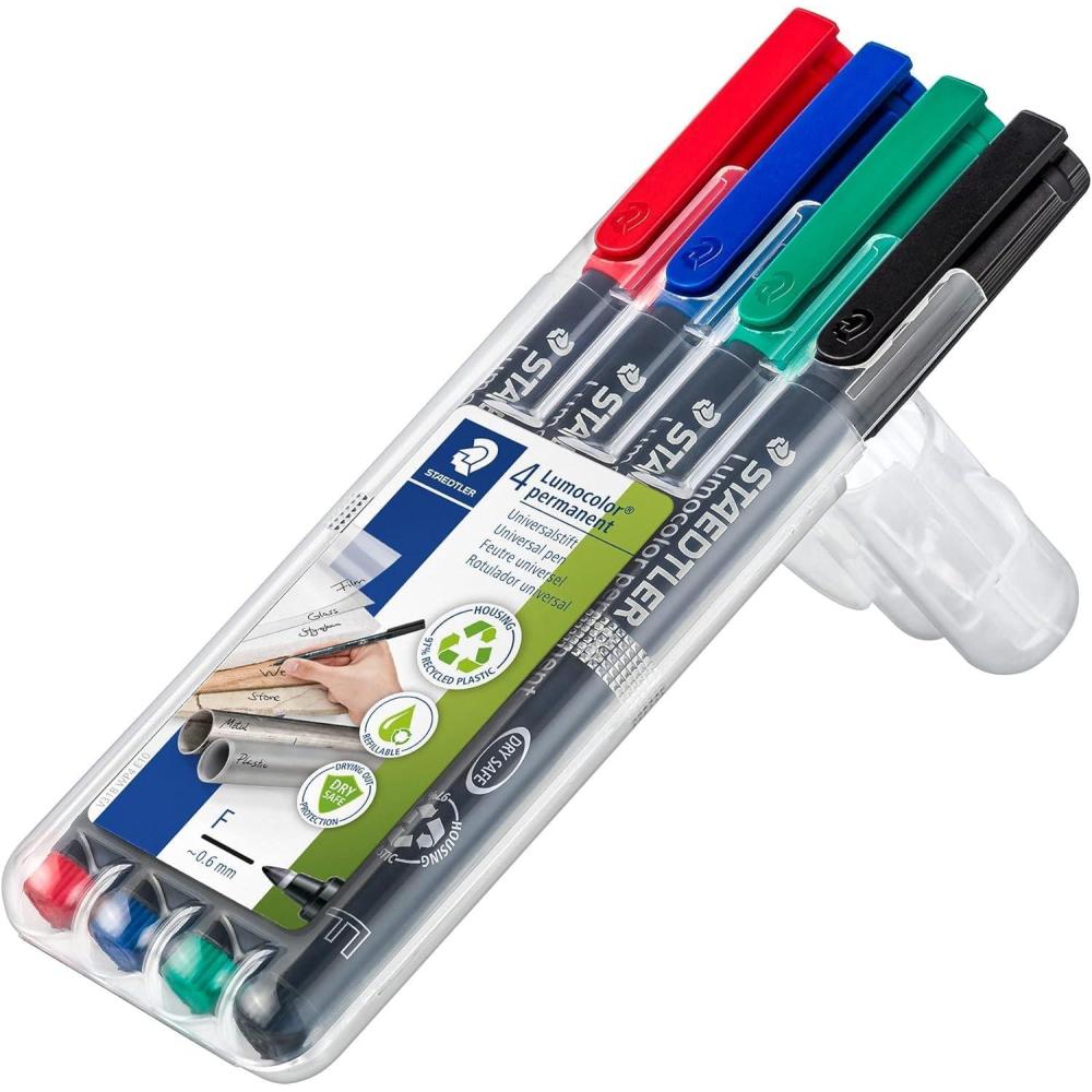 Staedtler 318-WP4 Lumocolor Permanent Universal Pens, Fine Point, 0.6mm, Assorted, 4 per Set(Black  Blue  Green  Red)