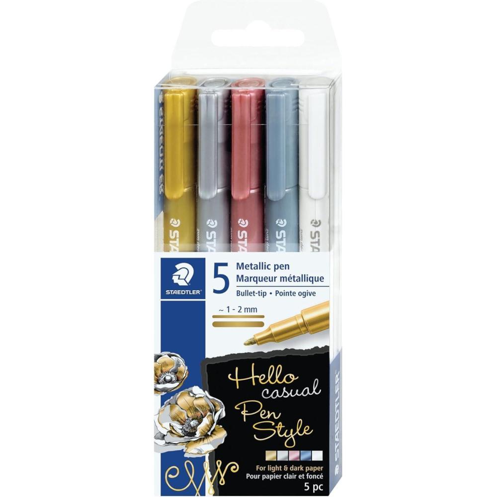 STAEDTLER Metallic Pens, 5ct, 1-2mm Bullet Tip, Assorted Colors, Opaque Ink that Writes on Light and Dark Paper; For Hand Lettering, Drawing, Scrapbooking, Cardmaking, and Crafts