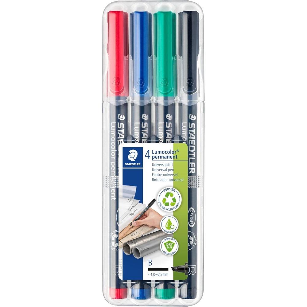 STAEDTLER Lumocolor Universal Pen, Broad Chisel, Felt Tip, Permanent Marker, Box of 4 Assorted Color Pens, 2.5mm 314 WP4 (314 WP4 ST)