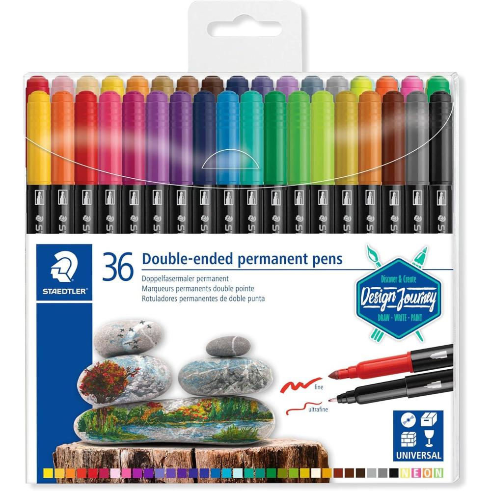 Staedtler Double-Ended Permanent Pens, Ideal for marking and drawing on almost anything, 36 Assorted Colors, 3187 TB36(1 Count (Pack of 36))
