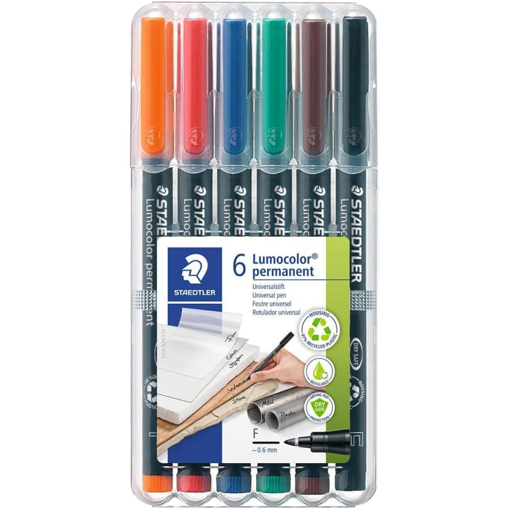 Staedtler Lumocolor Universal Pen, Fine, Felt Tip, Permanent Marker, Box of 6 Assorted Color Pens, 0.6mm 318 WP6