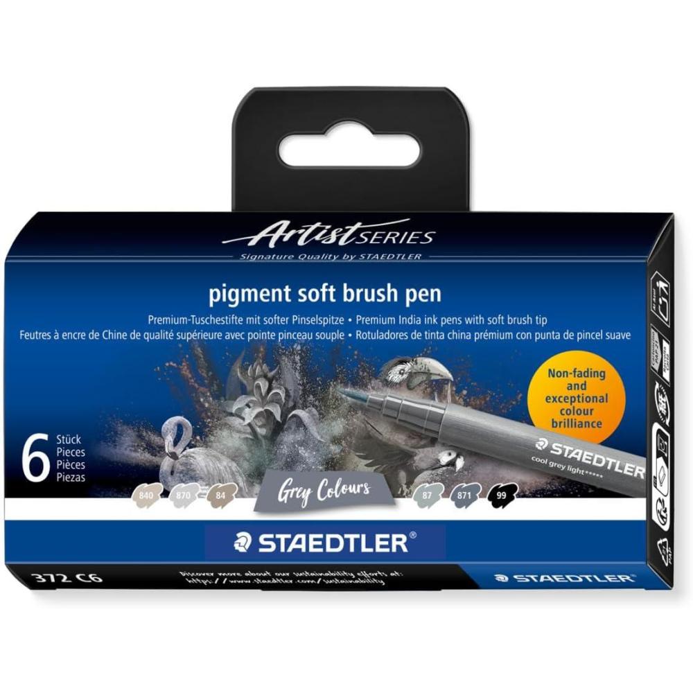 STAEDTLER Pigment Arts Soft Brush Pen, Grey Colours, Pack of 6 Pens, 372 C6(Grey)