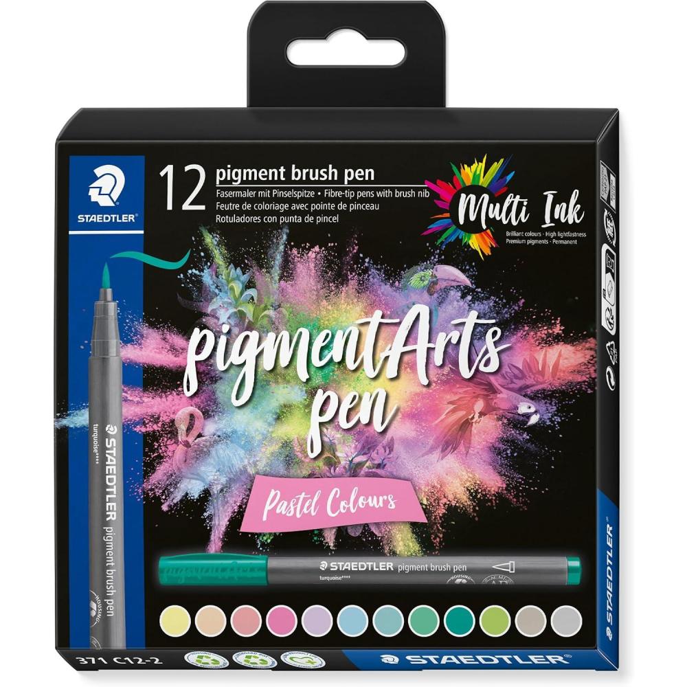 STAEDTLER Pigment Arts Brush Pen, Brush Green & Turquise, Pack of 6 Pens, 371 C6-3(Grey)