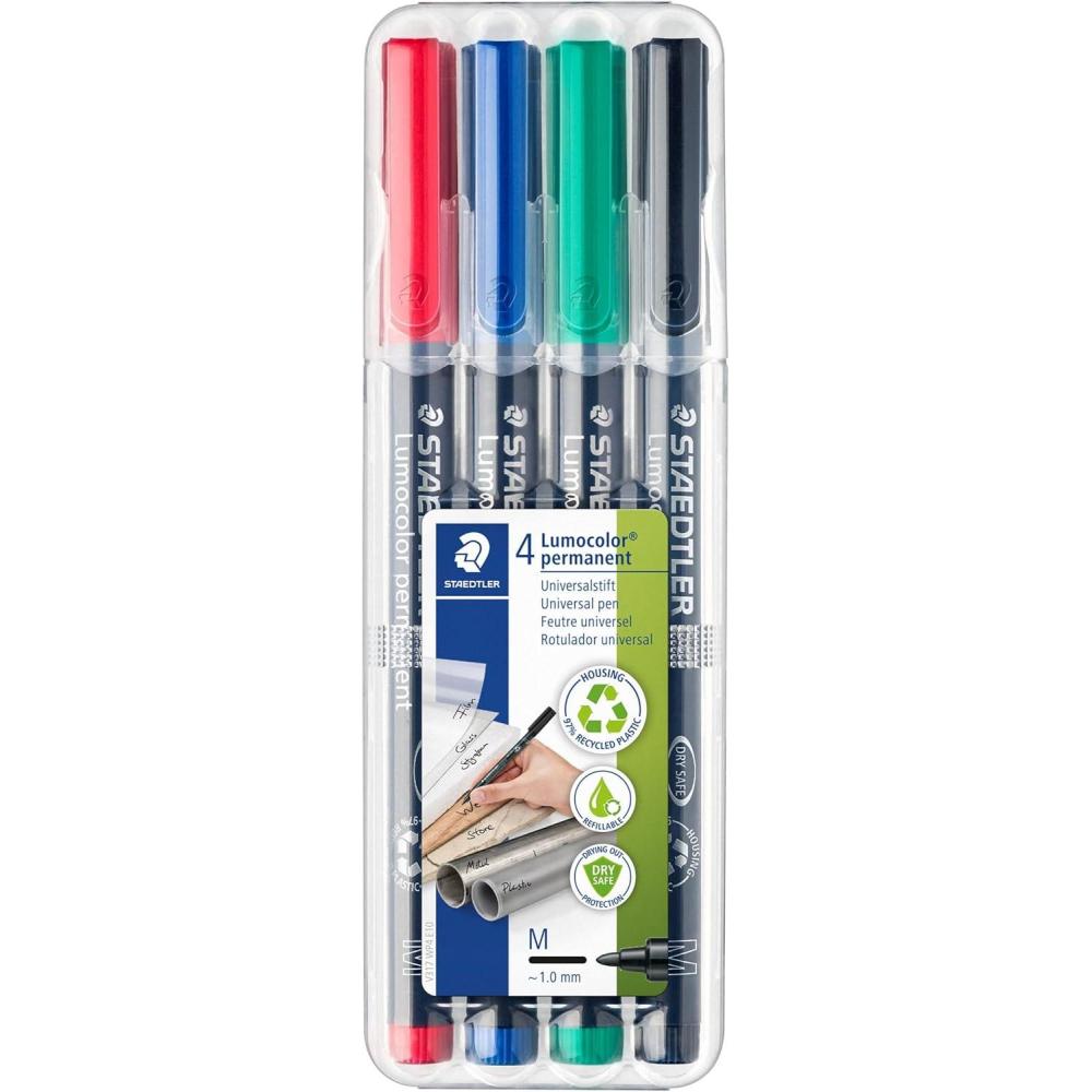Staedtler 318-WP4 Lumocolor Permanent Universal Pens, Fine Point, 0.6mm, Assorted, 4 per Set(Assorted Colours)