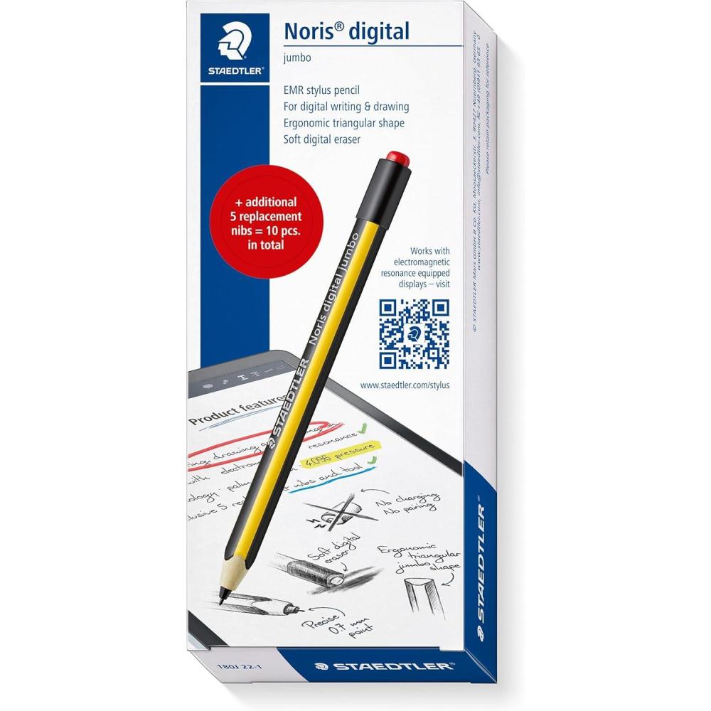 STAEDTLER Noris Digital Jumbo 180J 22 EMR Stylus Set, 1 Stylus with Digital Eraser, for Digital Writing, Drawing and Erasing on EMR Touch Screens + 5 Additional Replacement Tips, 180J 22-1X(Set of replacement tips)