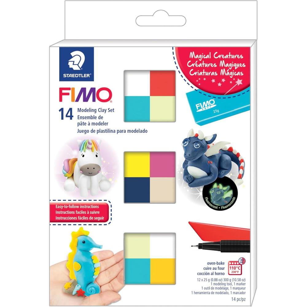 STAEDTLER FIMO Soft Polymer Clay Set: Magical Creatures, 12 Half Blocks, Sculpting Tool and Marker – Oven Bake Modeling Clay, Non-Toxic, Arts and Crafts for Beginners(Magical Creatures)