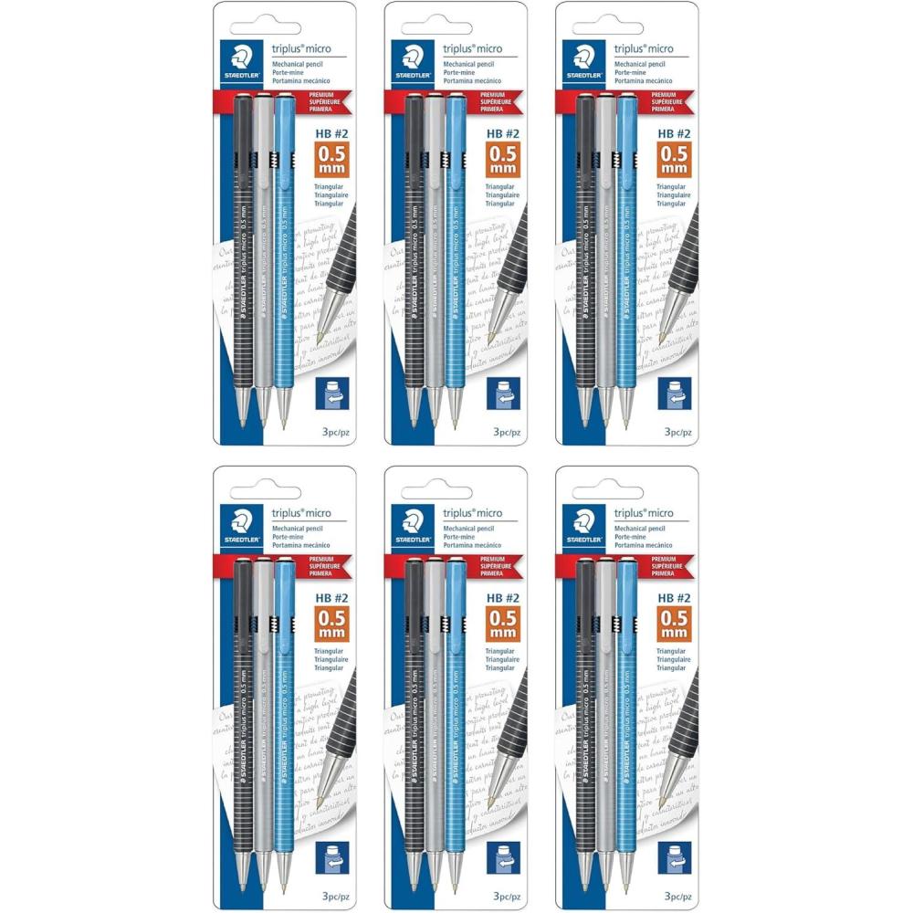 STAEDTLER Triplus Micro Mechanical Pencils (#2) 0.5mm lead, Retractable with Twist Eraser, Ergonomic Triangular Grip for Writing, Drawing & Drafting, 3-Pack(18)