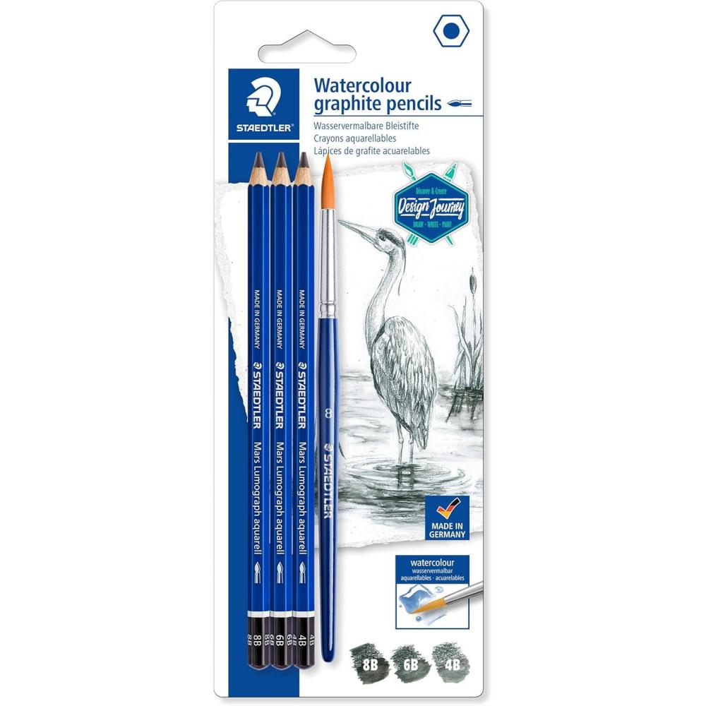 Staedtler Mars Lumograph Graphite Watercolor Pencils Kit, Set of 3, Includes Watercolor Brush, 100A-SBK4