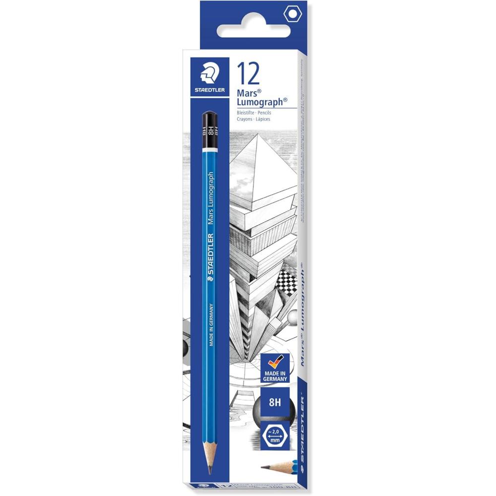 STAEDTLER Mars Lumograph 6H Graphite Art Drawing Pencil, Medium Hard, Break-Resistant Bonded Lead, 12 Pack, 100-6H, blue (100-6H VE)(8H)