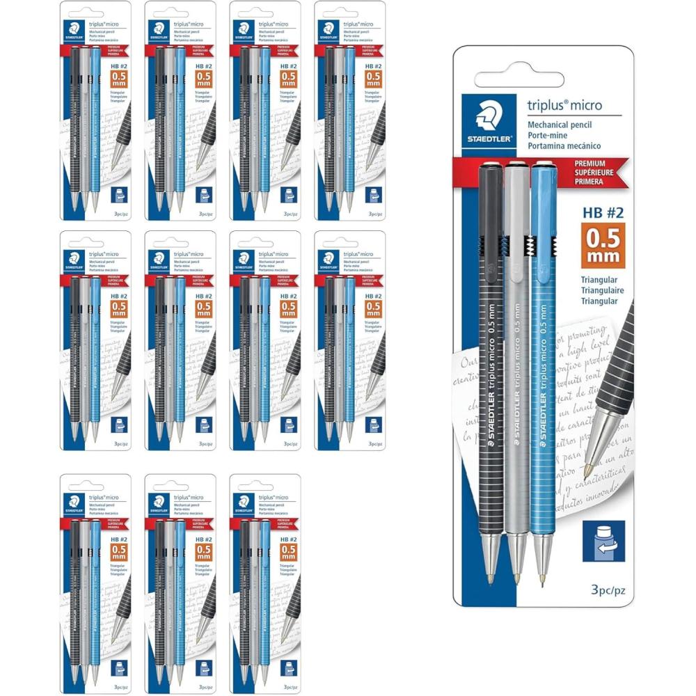 STAEDTLER Triplus Micro Mechanical Pencils (#2) 0.5mm lead, Retractable with Twist Eraser, Ergonomic Triangular Grip for Writing, Drawing & Drafting, 3-Pack(36)
