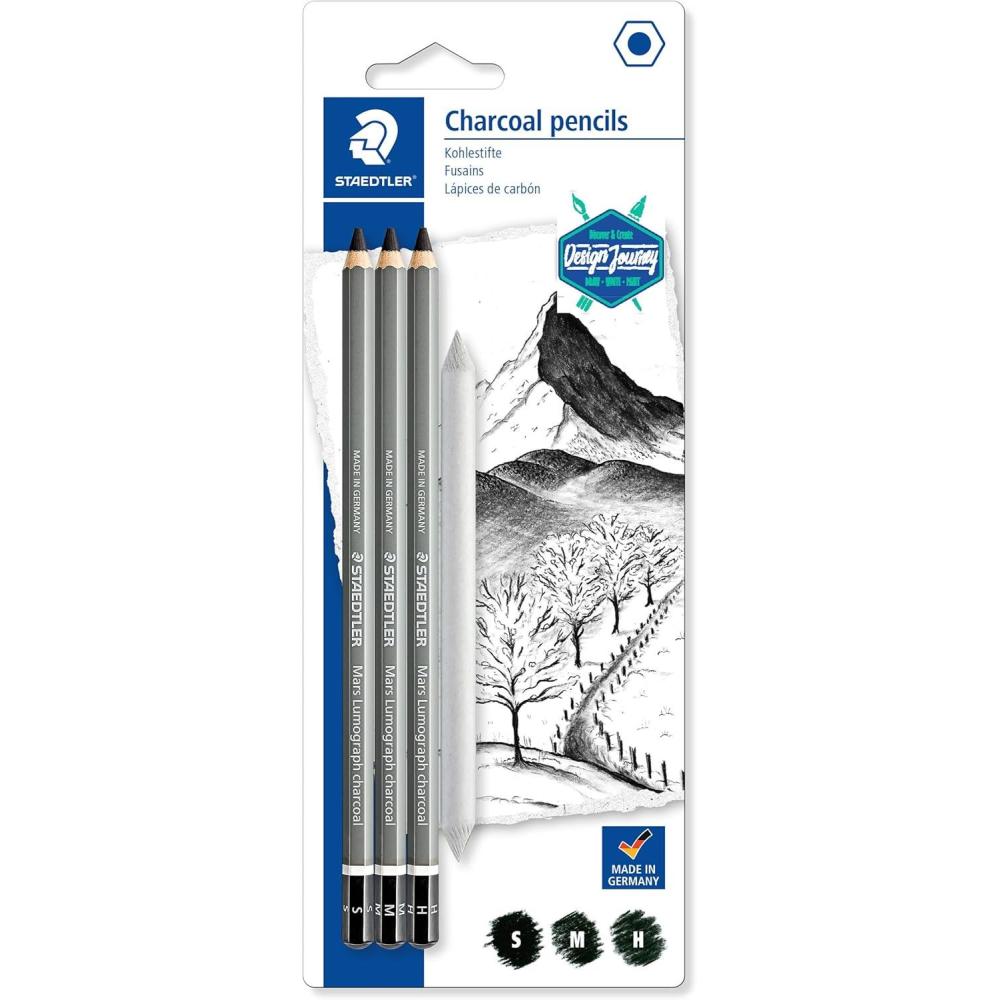 Staedtler Mars Lumograph Charcoal Pencils, Blister Pack of 3 Drawing Pencils (H, M, S) + 1 Blending Stump(Charcoal – Assortment of 4)