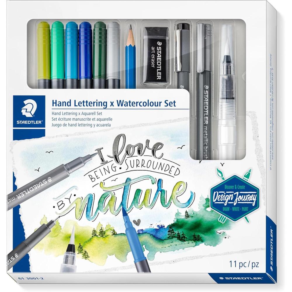 Staedtler Mars Lumograph Art Set | Drawing Kit with Charcoal and Graphite Drawing Pencils, Blending Stump, Kneadable Eraser and Dual Hole Sharpener 61 100C(Hand lettering and watercolour set)