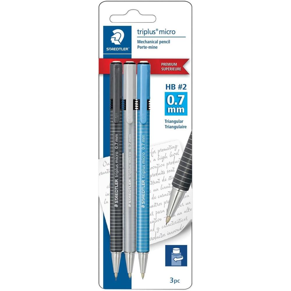 STAEDTLER Triplus Micro Mechanical Pencils 0.7mm HB #2, Ergonomic, 3-Pack with Twist-Top Eraser, Drawing & Drafting Tools, Break-Resistant Lead