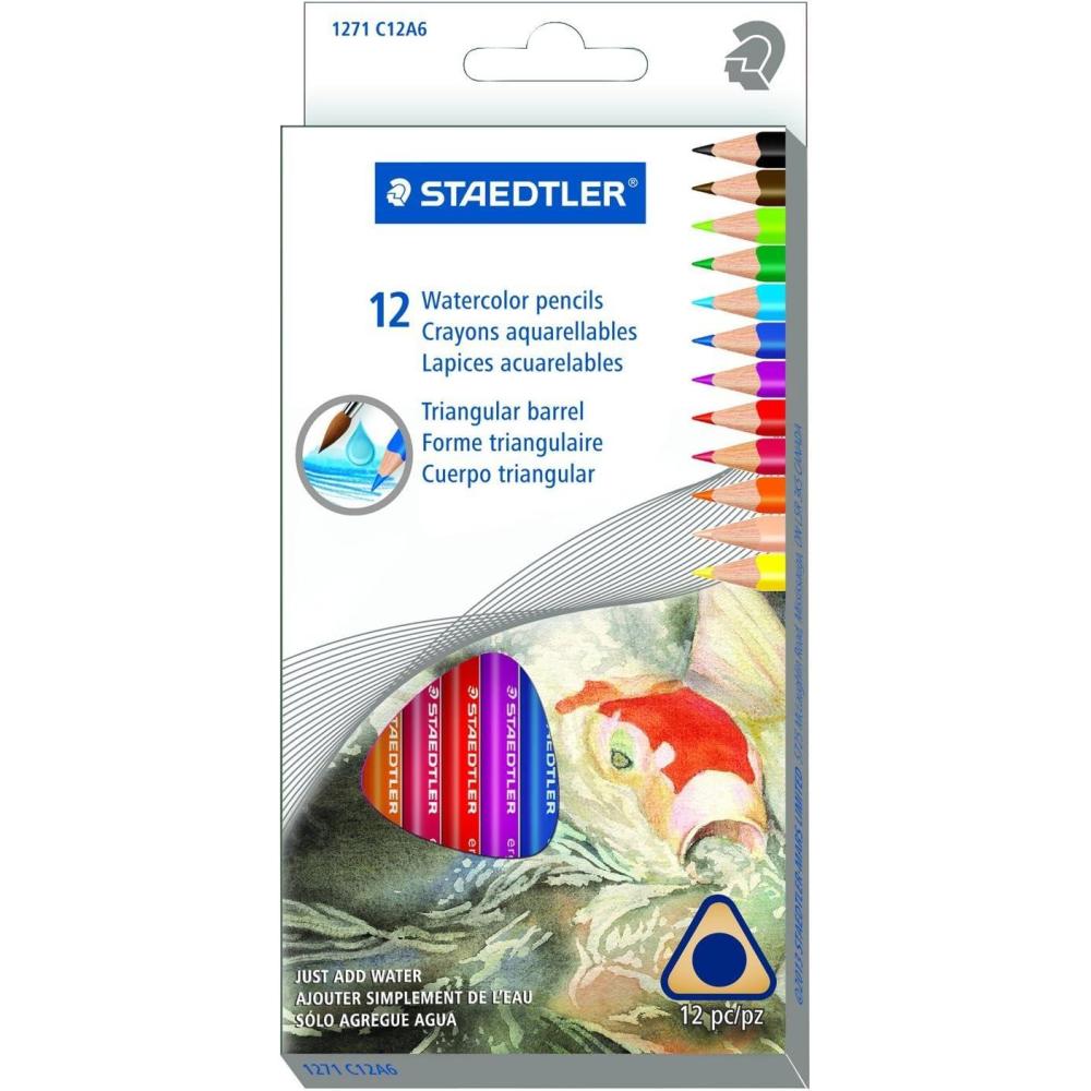 STAEDTLER Presharpened Watercolor Pencils, Ergonomic Art Set, Box of 12 Triangular Colored Pencils(1 Count (Pack of 12))