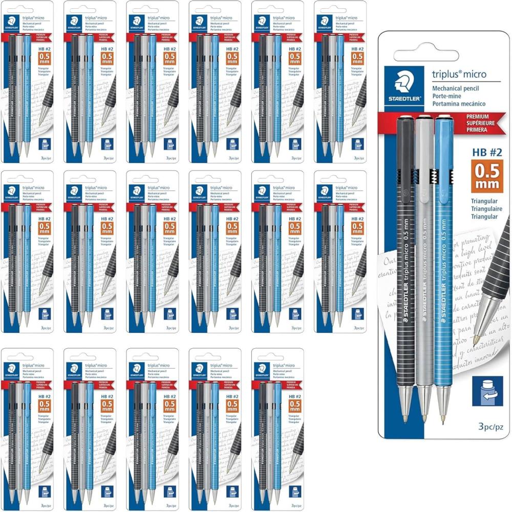 STAEDTLER Triplus Micro Mechanical Pencils (#2) 0.5mm lead, Retractable with Twist Eraser, Ergonomic Triangular Grip for Writing, Drawing & Drafting, 3-Pack(54)