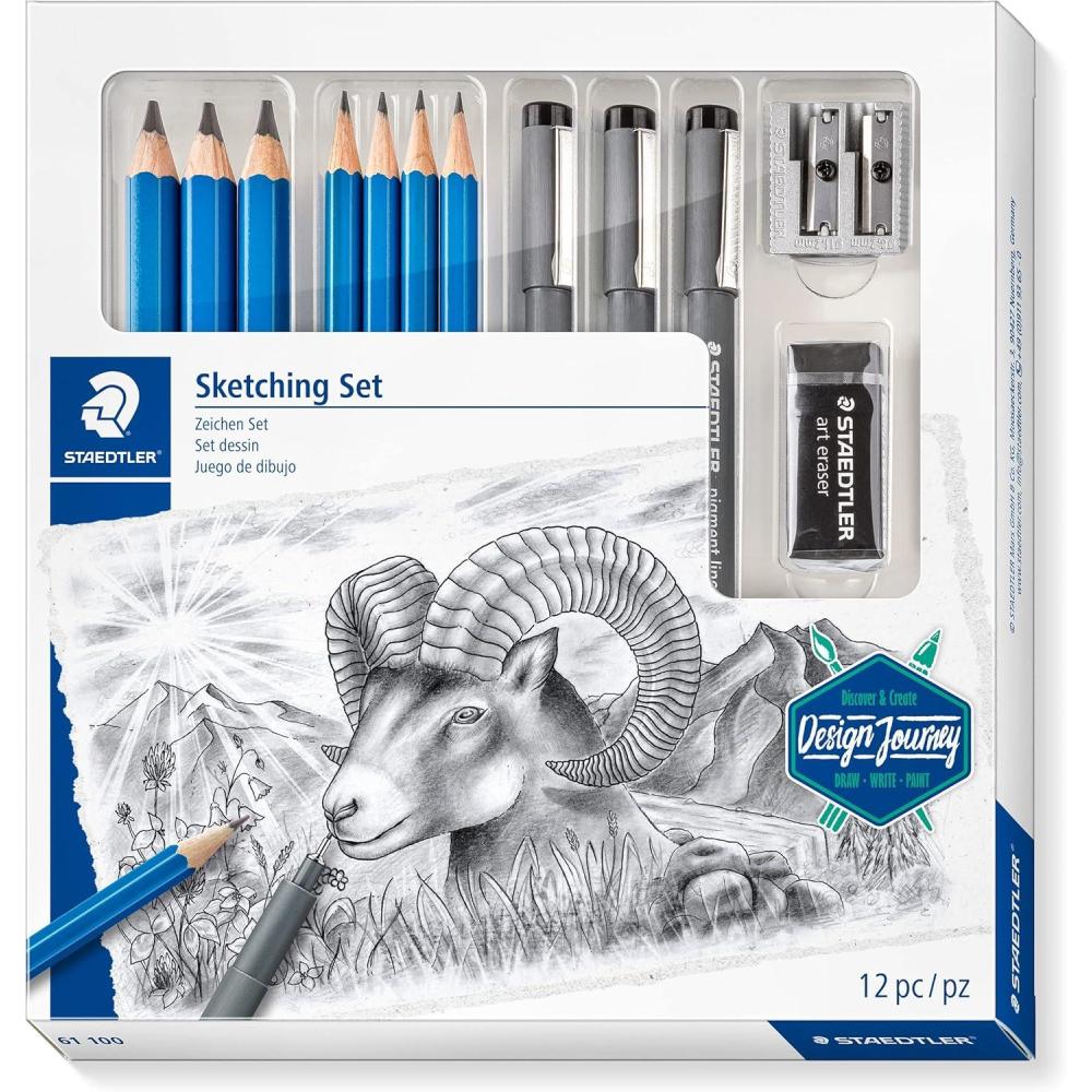 Staedtler Mars Lumograph Art Set | Drawing Kit with Charcoal and Graphite Drawing Pencils, Blending Stump, Kneadable Eraser and Dual Hole Sharpener 61 100C(Sketching set)
