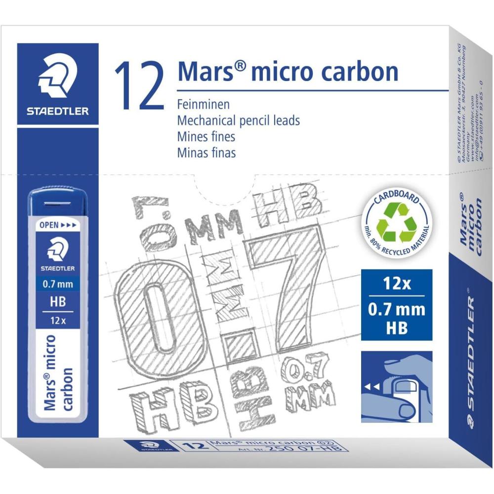 Staedtler Mars Micro Carbon Mechanical Pencil Refills, Tube of 12 0.7mm, Pack of 12 Tubes, HB Medium Point Graphite Leads, 250 07-HB