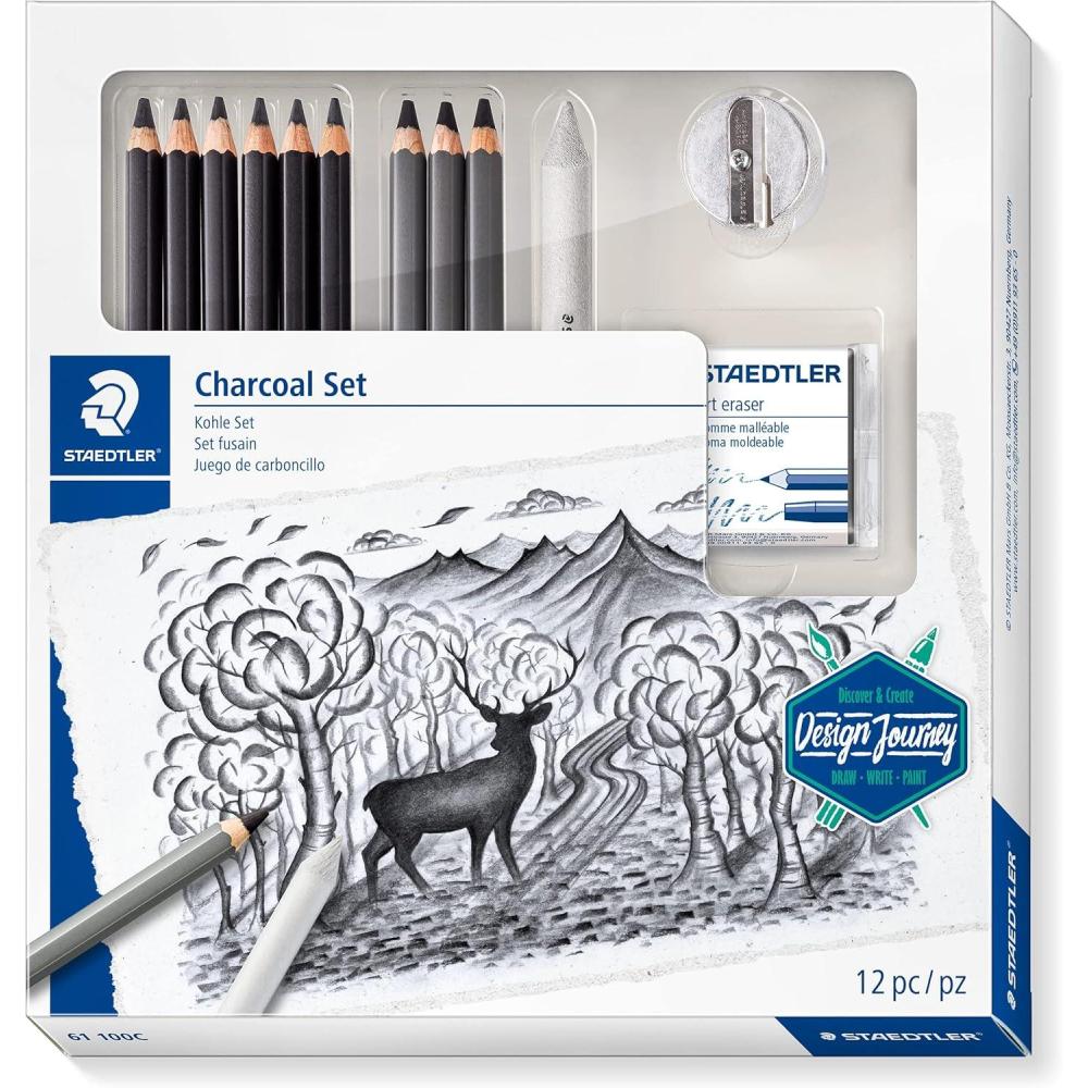 Staedtler Mars Lumograph Art Set | Drawing Kit with Charcoal and Graphite Drawing Pencils, Blending Stump, Kneadable Eraser and Dual Hole Sharpener 61 100C(Charcoal Set)