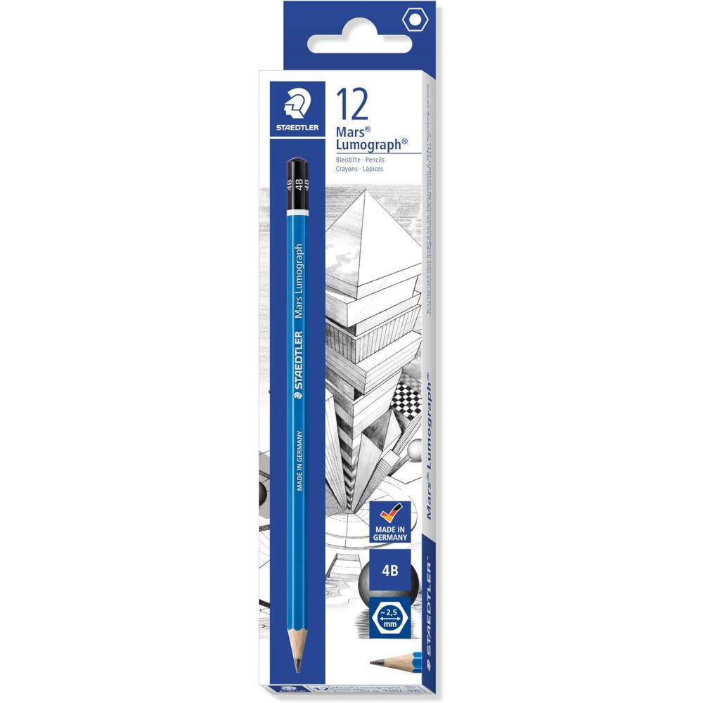 Staedtler Mars Lumograph 4B Graphite Art Drawing Pencil, Medium Soft, Break-Resistant Bonded Lead, 12 Pack, 100-4B(4B)
